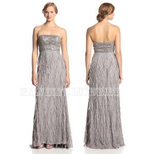 SUE WONG GOWN STRAPLESS FEATHER TRIMMED GREY EMPIRE WAIST DRESS sz 0